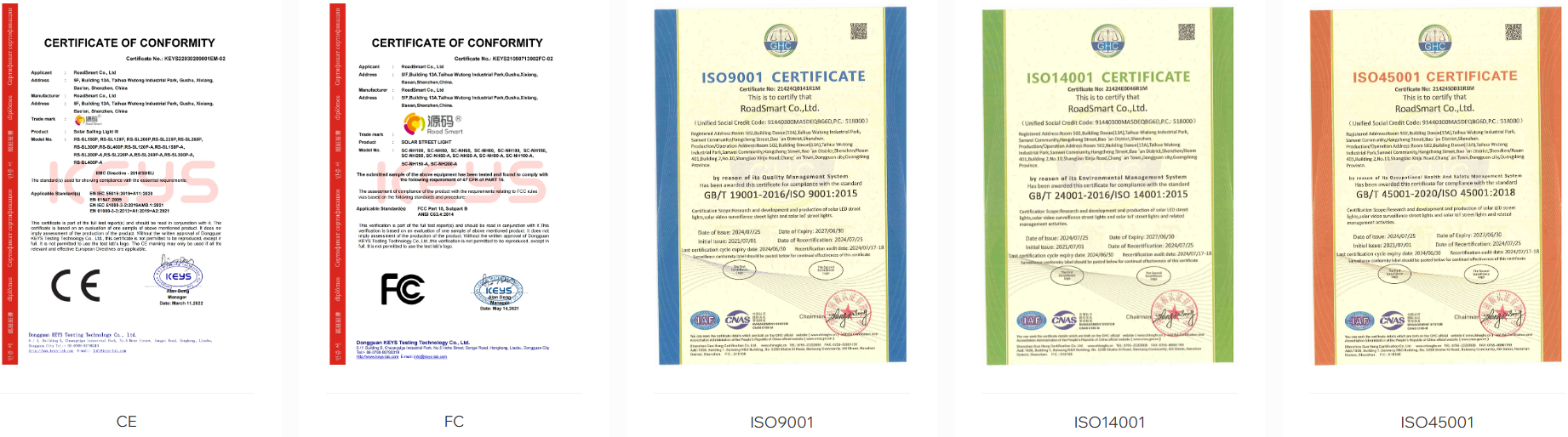 Certificate of Roadsmart Solar Street lights Certificate of Roadsmart Solar Street lights